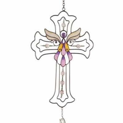 Engel am Kreuz Windspiel lila warmer Klang 101 cm lang, Glaselemente und Metall
