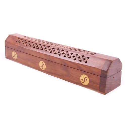 Aufbewahrungsbox für Räucherstächen aus hartem Rosenholz Indien YinYan Motiv 31 cm lang, 6cm hoch