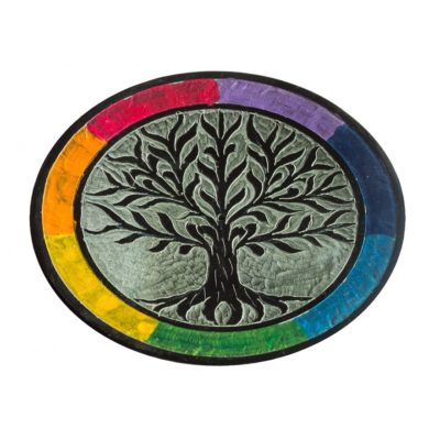 Räucherstäbchenhalter rund 10 cm Baum des Lebens, Regenbogenfarben, Speckstein,