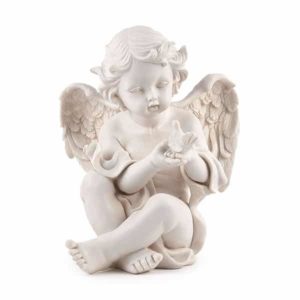 Engel Figur Camael sitzend mit Vogel, 29,5 cm, Schutzengel für Tiere, Polyresin