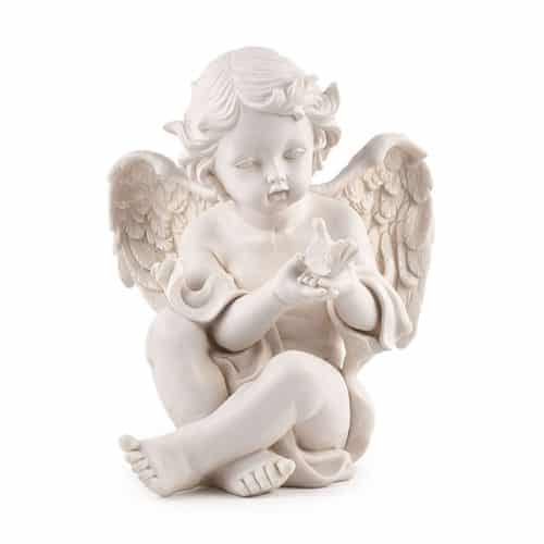 Engel Figur Camael sitzend mit Vogel, 29,5 cm, Schutzengel für Tiere, Polyresin