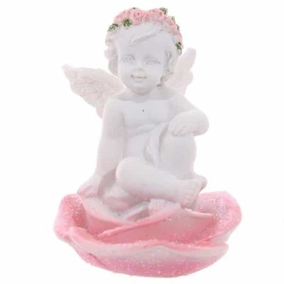 Ein kleines Engelchen sitzt auf einem rosa glitzerndem Rosenblatt mit rosa Haarkranz, 6,5 cm hoch.
