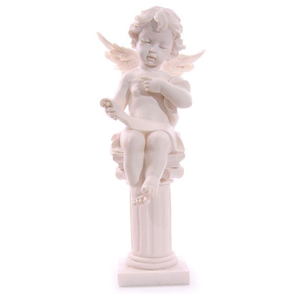 Großer Engel sitzt auf Säule, 37 cm hoch, Kunstharz