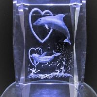3D Laser Kristallglas Block springende Delfine durch Herz, 8x5x5cm Engelshop