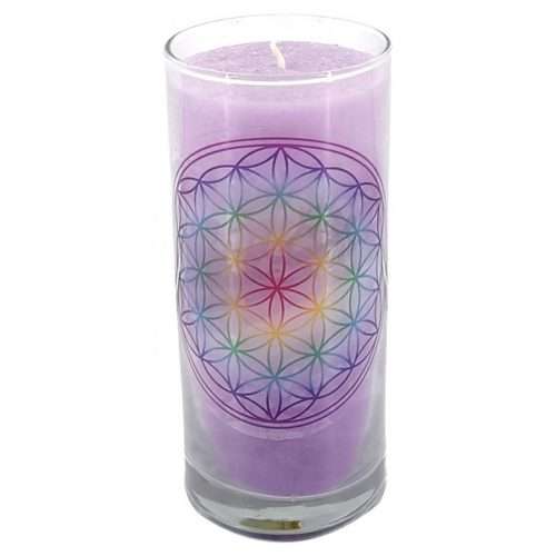 Kerze Awakening Chakra- Blume des Lebens bunt (BDL) im Glas Stearin 14cm