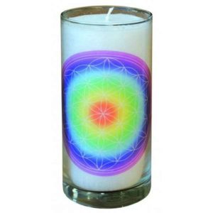 Kerze Blume des Lebens Regenbogen kraftvoll im glas Stearin weiss 14cm