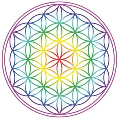 Aufkleber Set 4x4,5cm Blume des Lebens Regenbogen-Chakra transparent