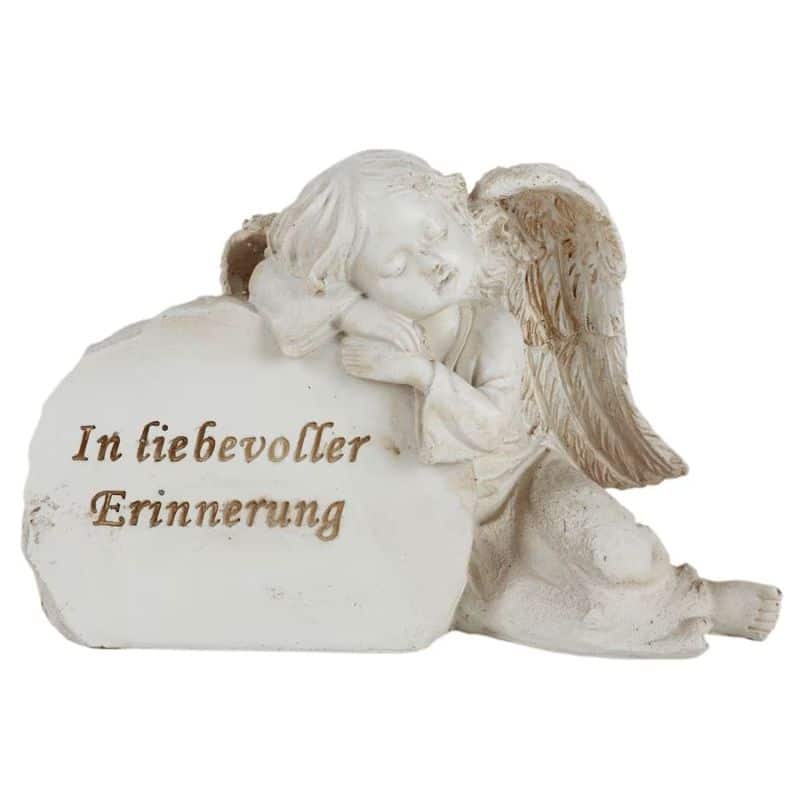 Schlafender Engel umarmt ein Gedenkstein mit auf Inschrift: "In liebevoller Erinnerung".